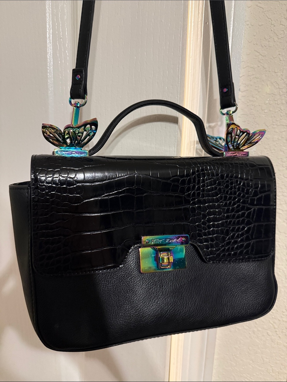 Betsey Johnson Black Faux-Croc Satchel with Iridescent Butterfly Accents